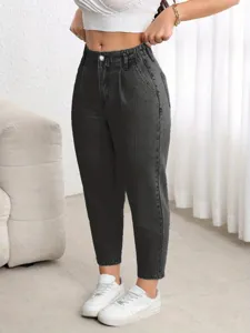Women black washed high waist straight leg denim pants casual elastic pleated jeans detail