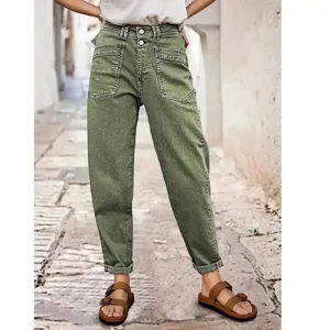 Pantalon en Denim Décontracté Grande Taille pour Femme Taille Haute Double Bouton Revers
