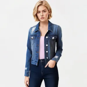 Stylish women's blue ripped denim jacket with long sleeves and classic button design.