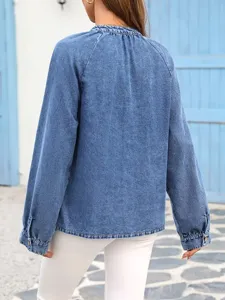 Women casual long sleeve denim top washed blue button jacket fashion outerwear daily wear