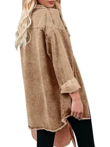 Women oversized brown denim jacket vintage wash long sleeve frayed hem casual outerwear top