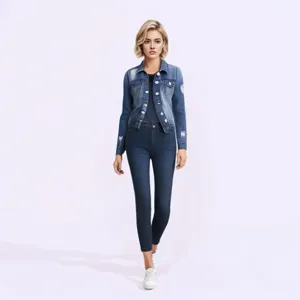 Stylish women's denim jacket and skinny jeans set, perfect for casual urban daily wear.