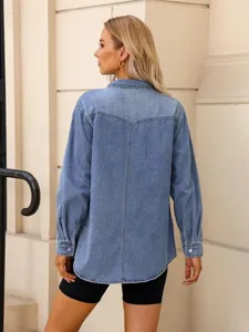 Women casual long sleeve denim shirt back view detail showing classic wash and tailored fit style.