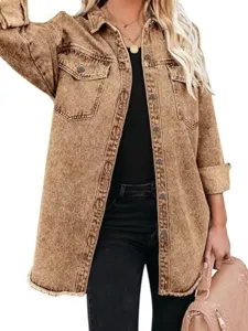 Brown washed denim jacket detail, featuring lapel collar, multi-button closure and twin pockets.