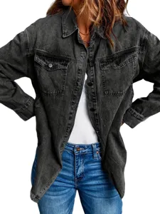 Detail view of women's washed black denim jacket, featuring classic lapel and front buttons.