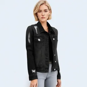 Women stylish black distressed denim jacket long sleeve button down casual outerwear top