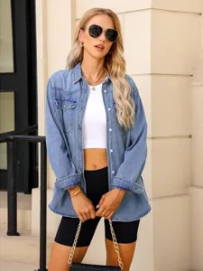 Stylish casual light blue denim shirt jacket for women, perfect for spring and autumn wear.