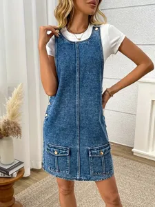 Women casual denim overall dress with white t-shirt stylish pocket pinafore dress outfit