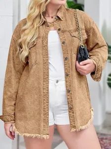 Plus size casual denim jacket for women featuring acid wash, lapel collar, and fringe hem.