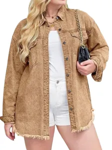 Women's vintage acid wash denim jacket with multiple buttons, frayed hem and lapel collar.