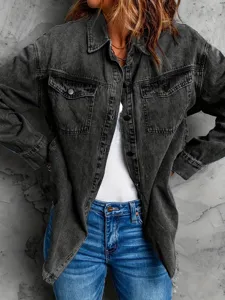Washed black denim jacket for women, casual button-down vintage outerwear with pockets. Detail view.