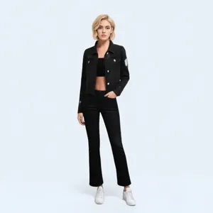 Women's black denim jacket long sleeve distressed outerwear detailed view showing fabric texture