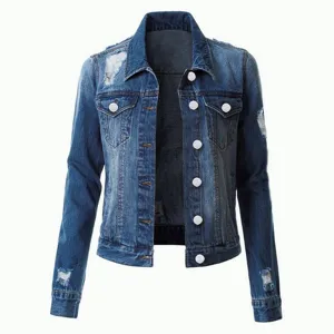 Women's distressed long sleeve denim jacket, classic blue button-up casual outerwear coat.