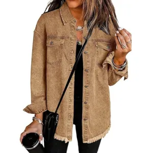 Women's Vintage Wash Denim Jacket Casual Long Sleeve Lapel Multi-Button Oversized Denim Coat Streetwear Fashion Outerwear