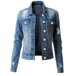 Women's stylish distressed denim jacket detail, casual long sleeve blue jean outerwear.