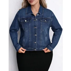 Veste en Jean Grande Taille pour Femmes Casual Revers Manches Longues Simple Boutonnage Mélange de Coton Lavé Manteau Veste