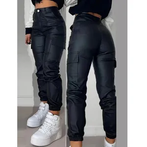 Pantaloni in Finta Pelle da Donna Vita Alta Vestibilità Slim Cargo Pantaloni in Pelle PU Casual Streetwear Skinny Pantaloni Lunghi