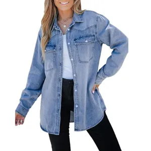 Women's Casual Denim Jacket Long Sleeve Lapel Single-Breasted Oversized Blue Denim Coat Women Outerwear Fashion Spring Fall