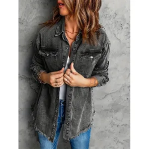 Women's Casual Washed Black Denim Jacket Loose Fit Long Sleeve Turn Down Collar Pocket Outerwear Plus Size