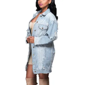 Distressed light blue denim jacket detail, featuring classic lapel and metal button closure.