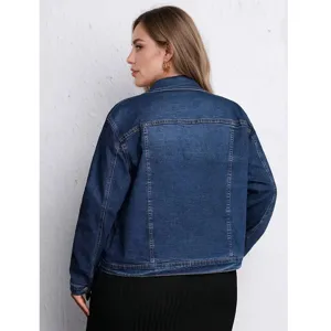 Grande Taille Femme Casual Veste en Denim Délavé Vintage Bleu Manches Longues Top