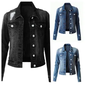 Detailed close-up view of women's distressed denim jackets in black and blue color variants.