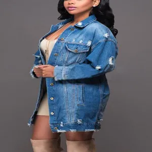 Womens oversized denim jacket long sleeve distressed streetwear casual coat spring fashion