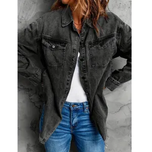 Women casual vintage washed black denim jacket long sleeve button down pocket outerwear top