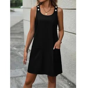 Summer casual black sleeveless tank mini dress for women, stylish A-line pocket design.