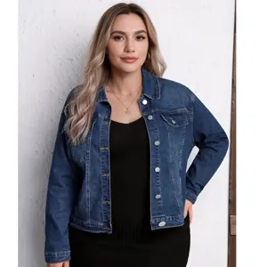 Veste en jean decontractee grande taille pour femme, manteau bleu lave boutons metal