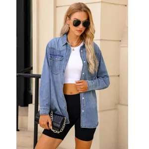 Women casual light blue denim shirt jacket for spring and autumn, fashion outerwear.