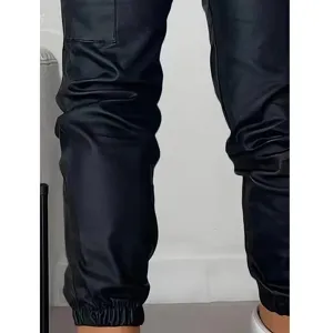 Pantaloni Cargo In Ecopelle Moda Donna Slim Casual Versatile Con Polsini Jogger Neri