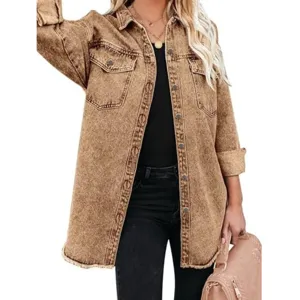 Womens vintage wash brown long denim jacket casual button down outerwear with pockets
