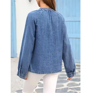 Plus size women's casual denim top jacket with button details and V-neck, back view display.