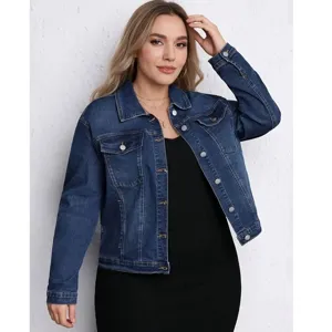 Veste en jean bleu foncé grande taille femme, vêtement extérieur classique et élégant