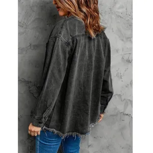 Oversized washed black denim jacket for women, casual long sleeve vintage outerwear top.