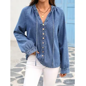 Plus size women casual denim top V-neck long sleeve button washed blue jacket main view