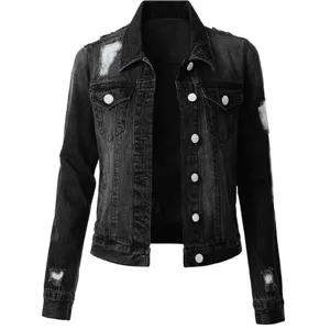 Women's Black Ripped Denim Jacket Long Sleeve Button Down Fashion Casual Denim Outerwear