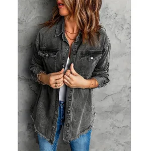 Washed black denim jacket for women, casual long sleeve button down outerwear with pockets.