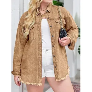 Women's plus size casual wash denim jacket with button up and frayed hem design for daily wear.