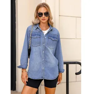Women's casual long sleeve light blue denim shirt jacket fashion outerwear for spring autumn
