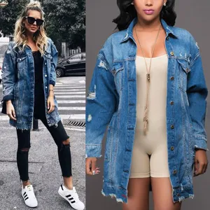 Women's long denim jacket casual distressed boyfriend style long sleeve denim coat street wear