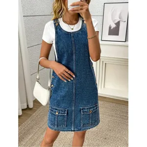 Women Casual Denim Suspender Dress Vintage Wash Loose Fit Sleeveless Midi Jumper Dress Pocket Design Streetwear Fashion