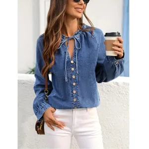 Plus size women casual button V-neck denim top long sleeve blue blouse for daily wear