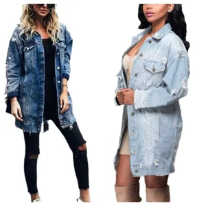 Women long denim jacket distressed boyfriend style casual outerwear coat casual streetwear top