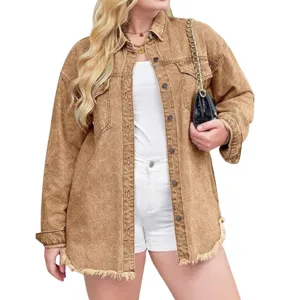 Women casual acid wash denim jacket with multiple buttons and raw hem design for daily wear.