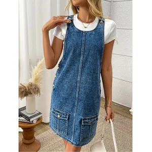 Plus size denim overall dress for women, casual washed blue loose dress, main view.