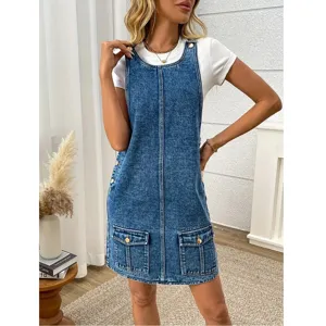 Women's casual washed denim overall dress, stylish loose sleeveless jumper dress with pockets.