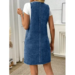Plus size washed denim pinafore dress for women casual loose sleeveless denim dress