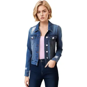 Women's casual distressed denim jacket long sleeve button down outerwear front view
